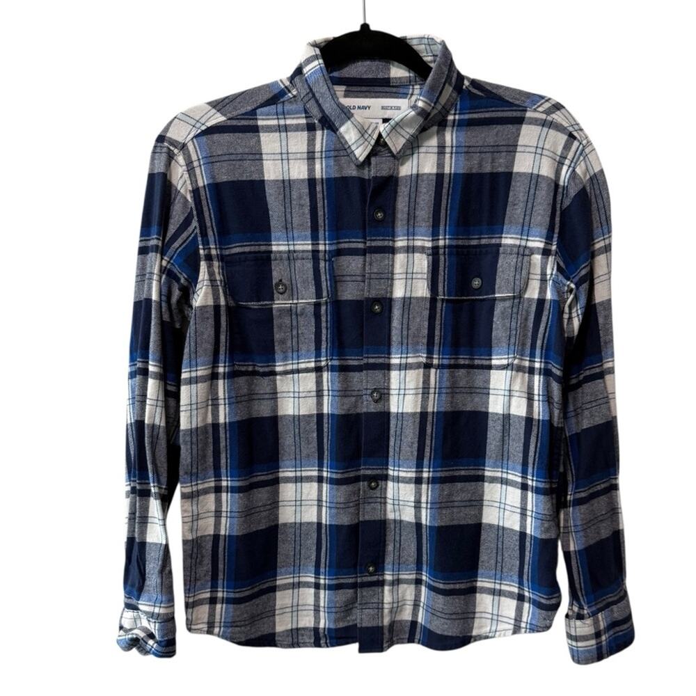 Old Navy Flannel Plaid Button Down Long Sleeve Shirt Blue White Size XL Boys
